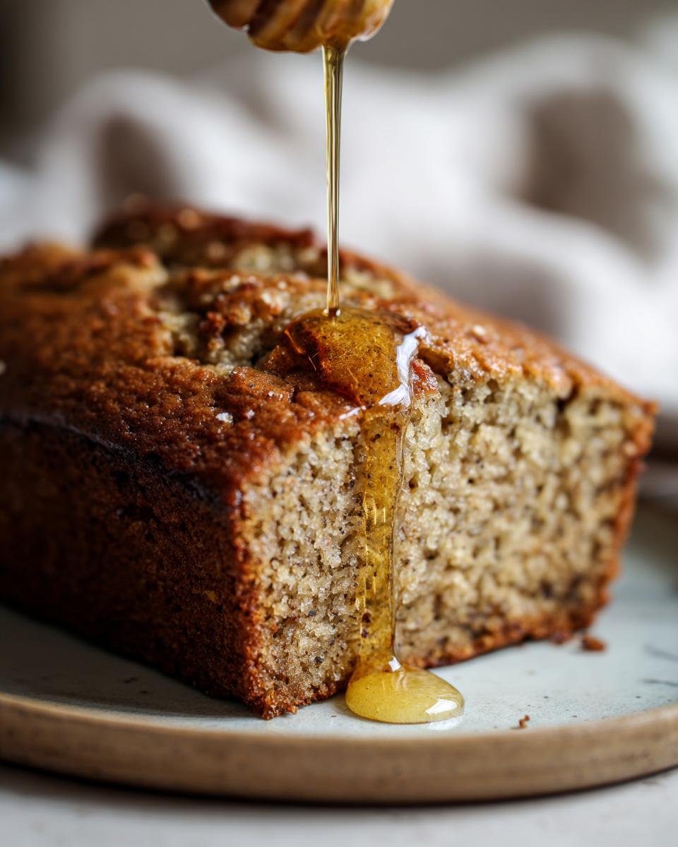 Close-up of Maple-Bourbon Banana Bread with a drizzle of maple syrup from a honey dipper.