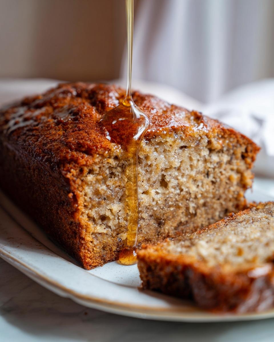 Close-up of Maple-Bourbon Banana Bread with maple syrup being drizzled on top, showing a slice cut.