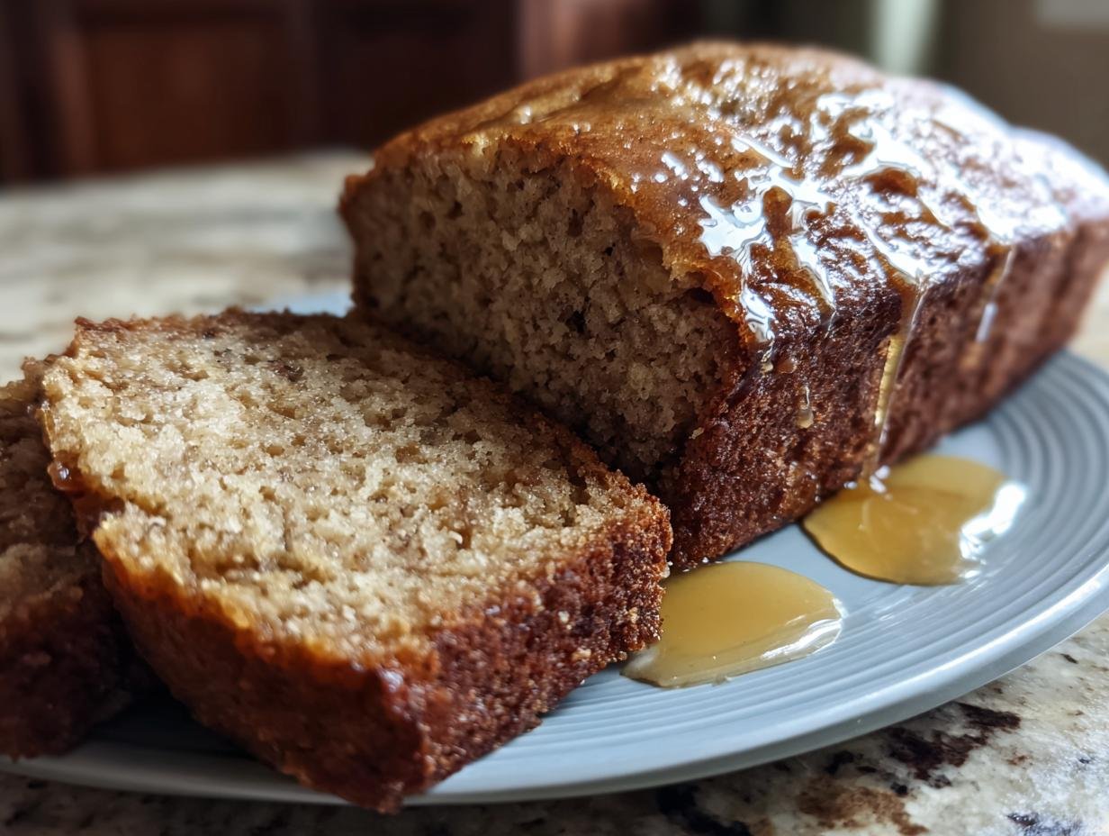 A sliced loaf of Maple-Bourbon Banana Bread with a dripping maple glaze on a plate.