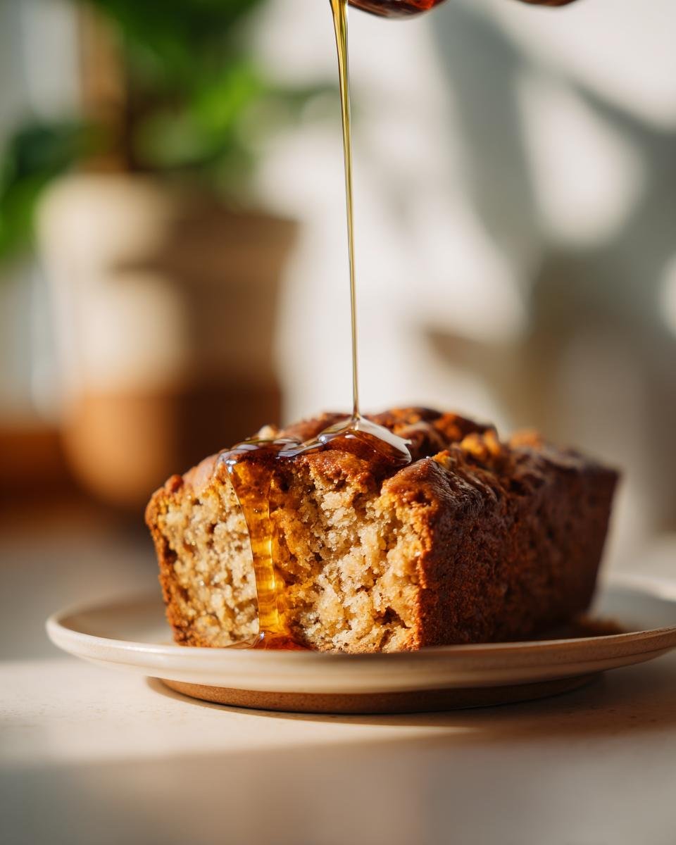 A slice of Maple-Bourbon Banana Bread on a plate with maple syrup being drizzled over it.