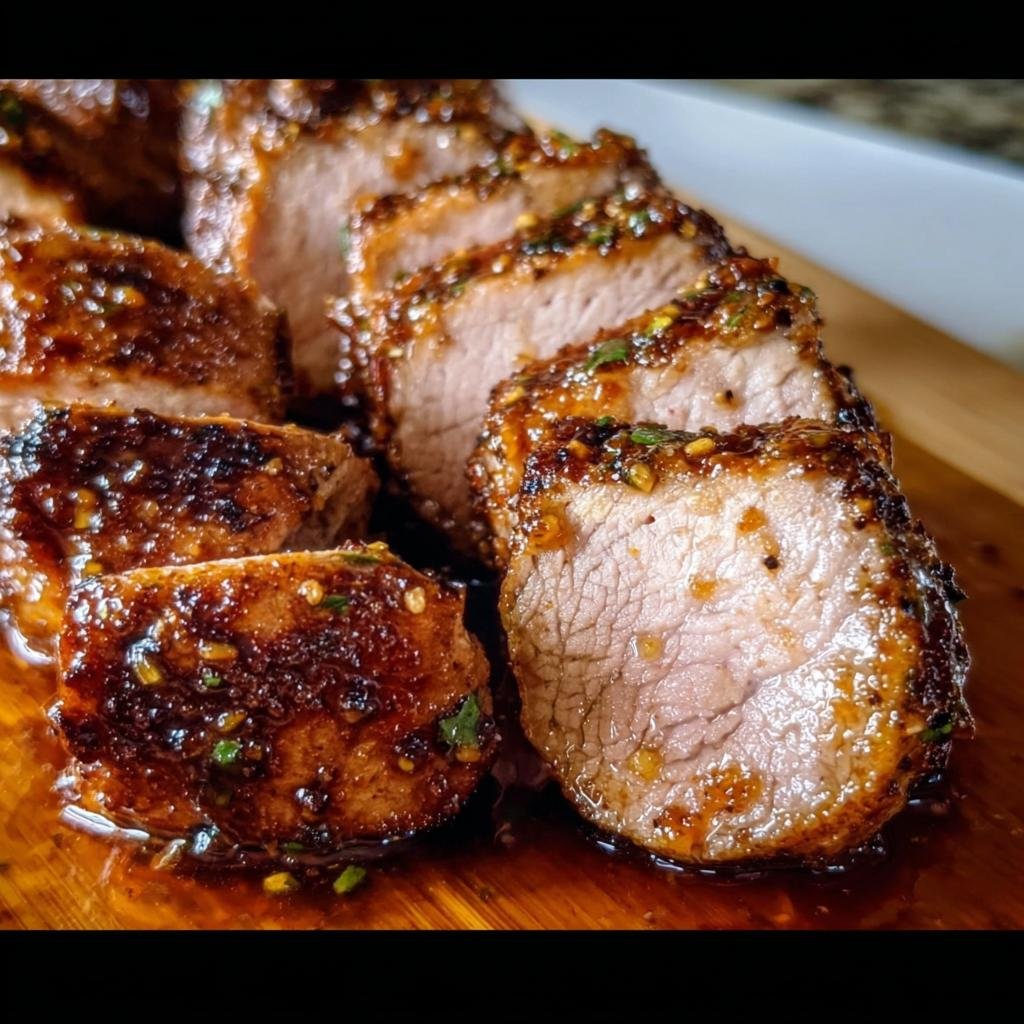 Close-up of sliced Maple Mustard Pork Tenderloin with a delicious glaze, ready to serve.