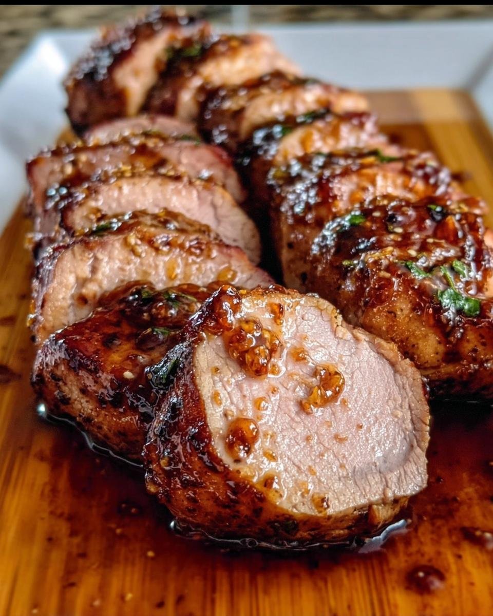 Juicy slices of Maple Mustard Pork Tenderloin on a wooden board, glistening with glaze.