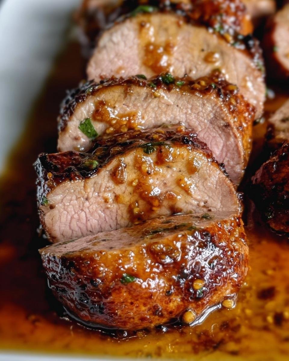 Close-up of sliced Maple Mustard Pork Tenderloin with a rich glaze and visible mustard seeds.