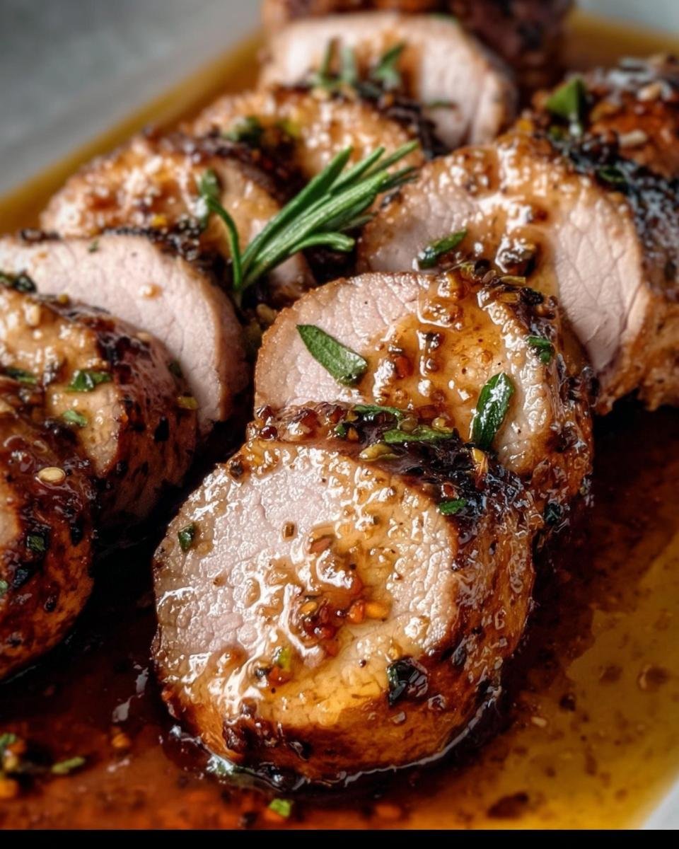 Close-up of sliced Maple Mustard Pork Tenderloin, showcasing the glaze and herb garnish.