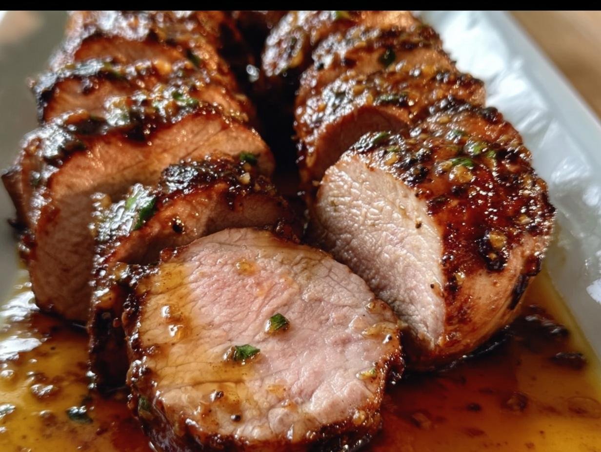 Juicy slices of Maple Mustard Pork Tenderloin on a plate, glistening with sauce and herbs.