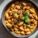 Overhead shot of a bowl of Marry Me Butter Beans, garnished with basil and sun-dried tomatoes.