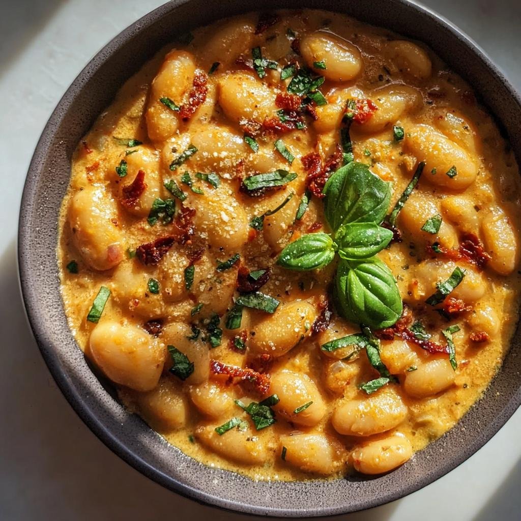 Overhead shot of a bowl of Marry Me Butter Beans, garnished with basil and sun-dried tomatoes.