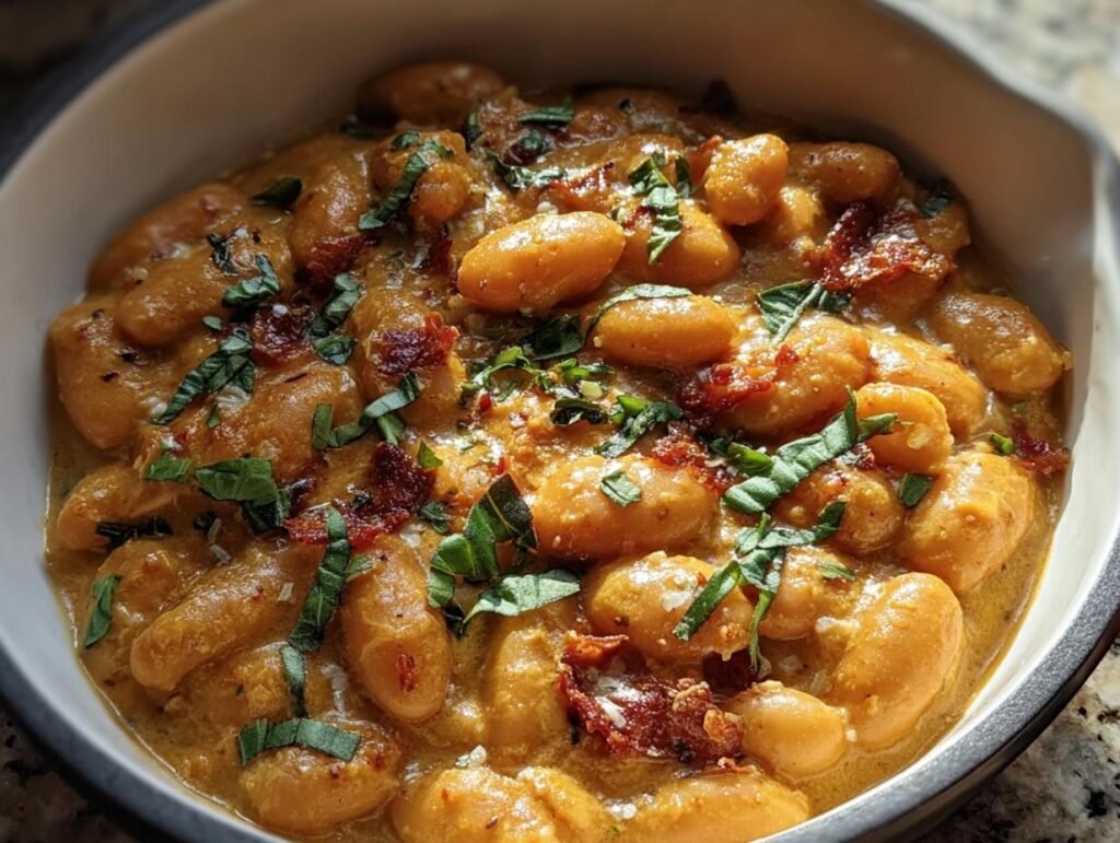 Close-up of creamy Marry Me Butter Beans in a bowl, garnished with basil and sun-dried tomatoes.