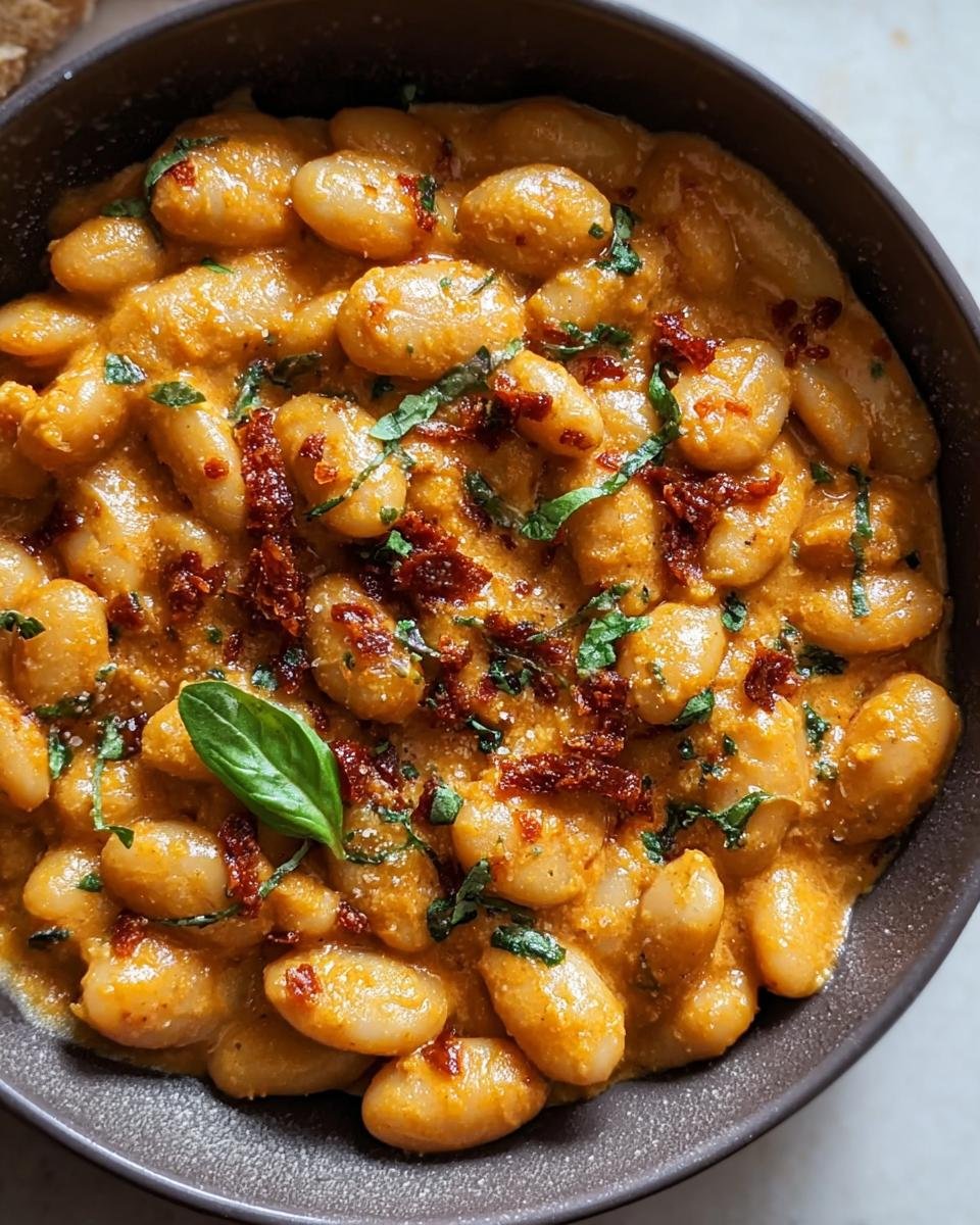 Overhead shot of Marry Me Butter Beans in a bowl, garnished with sun-dried tomatoes and fresh basil.
