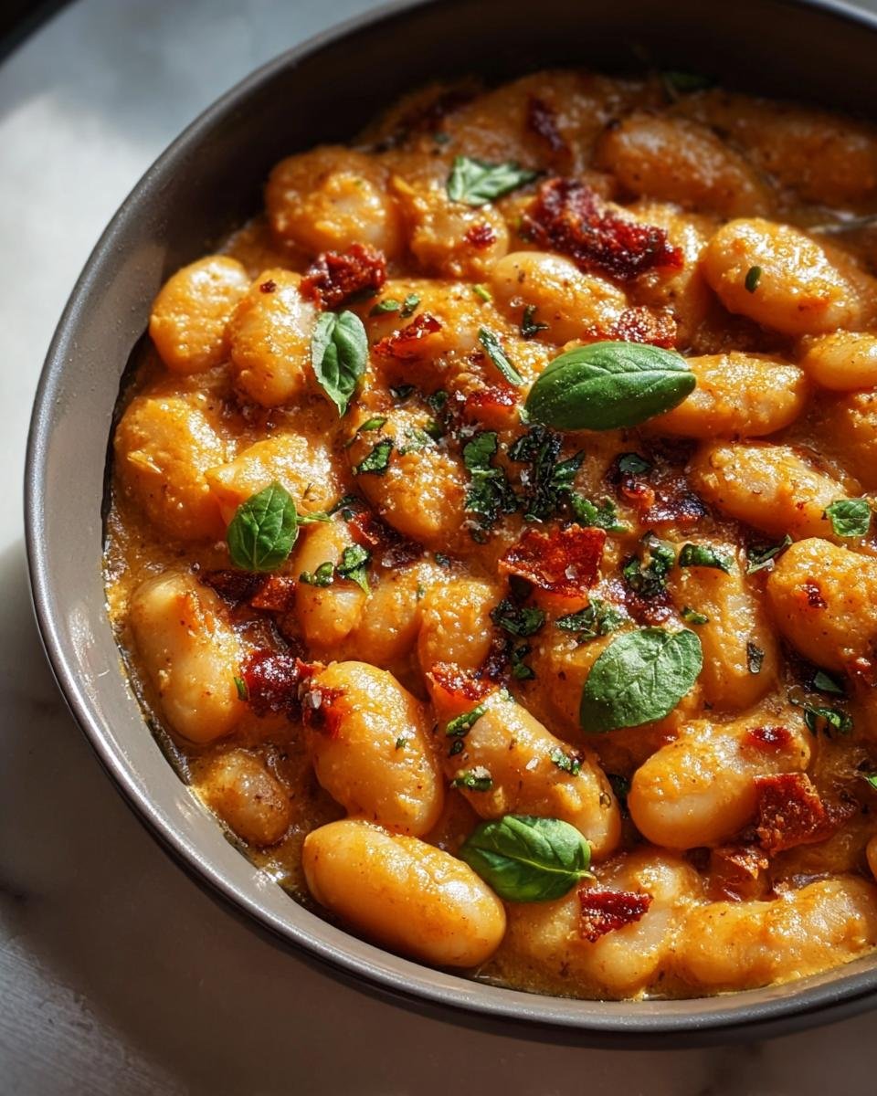 Close-up of Marry Me Butter Beans in a bowl, garnished with basil and sun-dried tomatoes.
