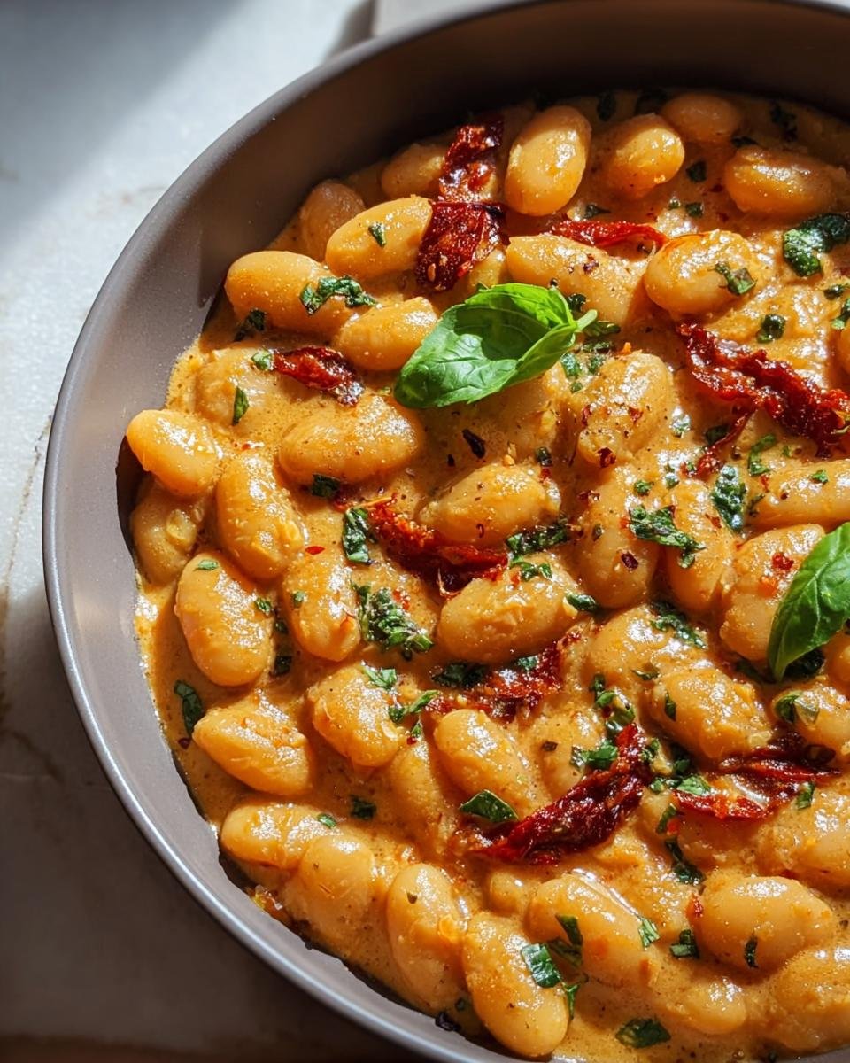 Bowl of creamy Marry Me Butter Beans with sun-dried tomatoes and fresh basil.