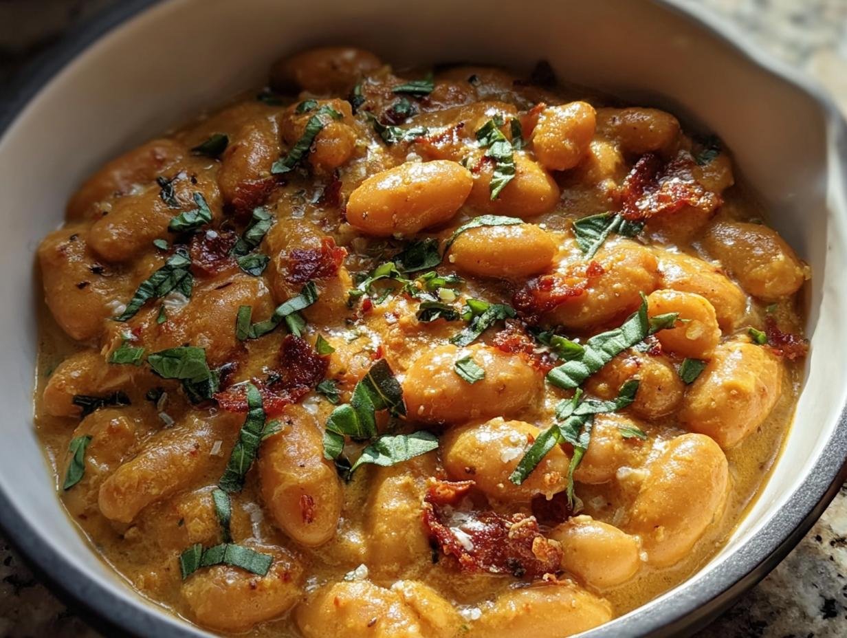 Close-up of creamy Marry Me Butter Beans in a bowl, garnished with basil and sun-dried tomatoes.