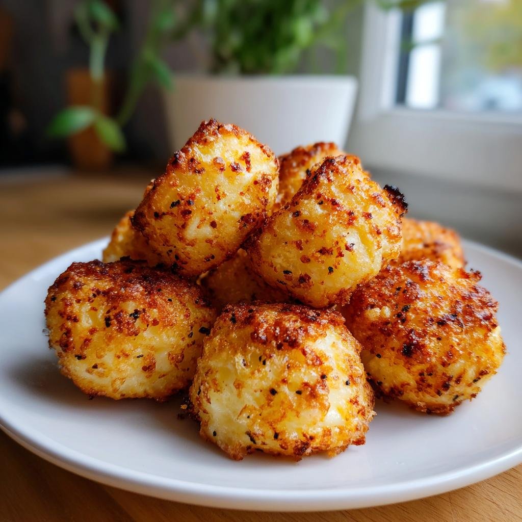 A stack of golden brown Mashed Potato Puff Bites on a white plate, ready to eat.