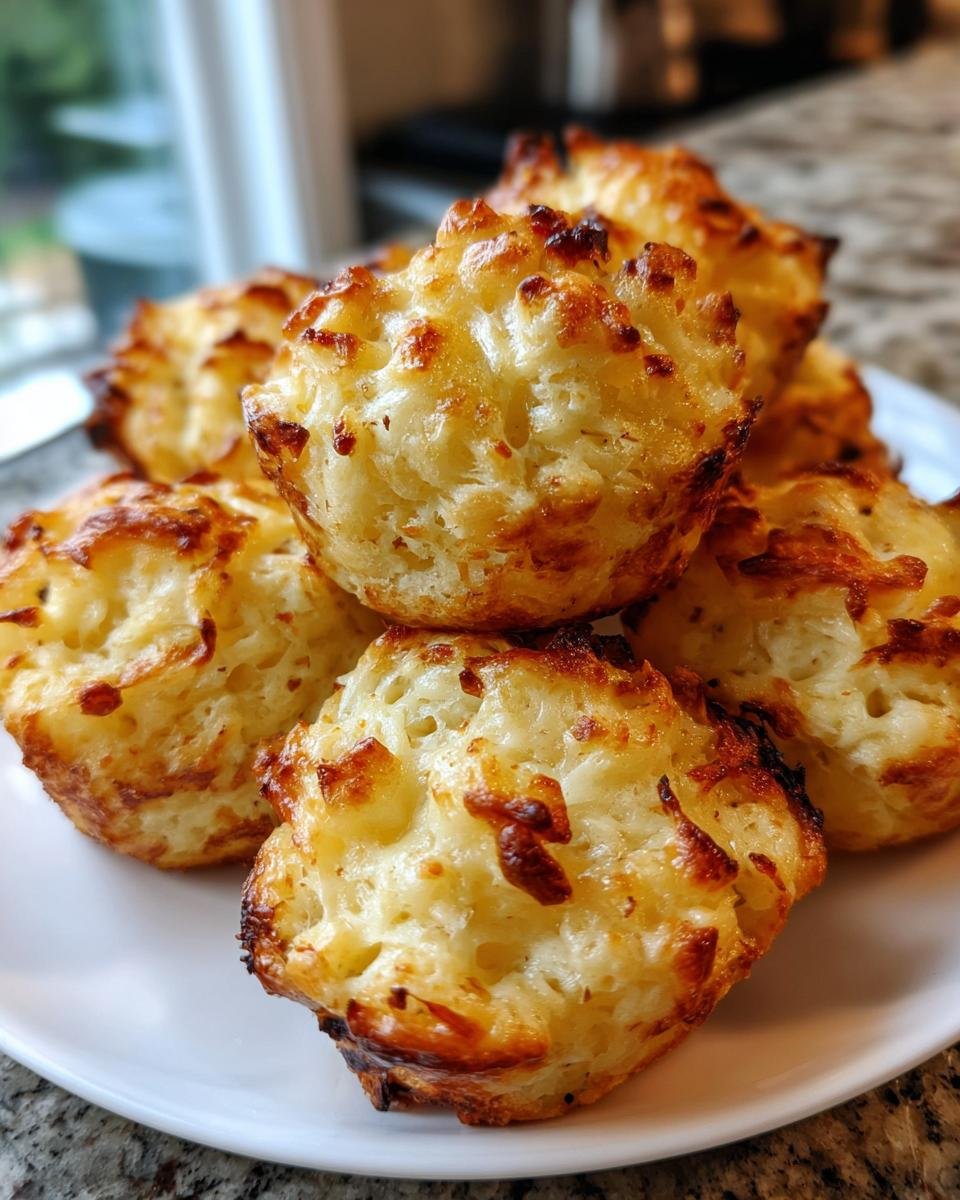 A stack of golden brown Mashed Potato Puff Bites on a white plate, ready to eat.