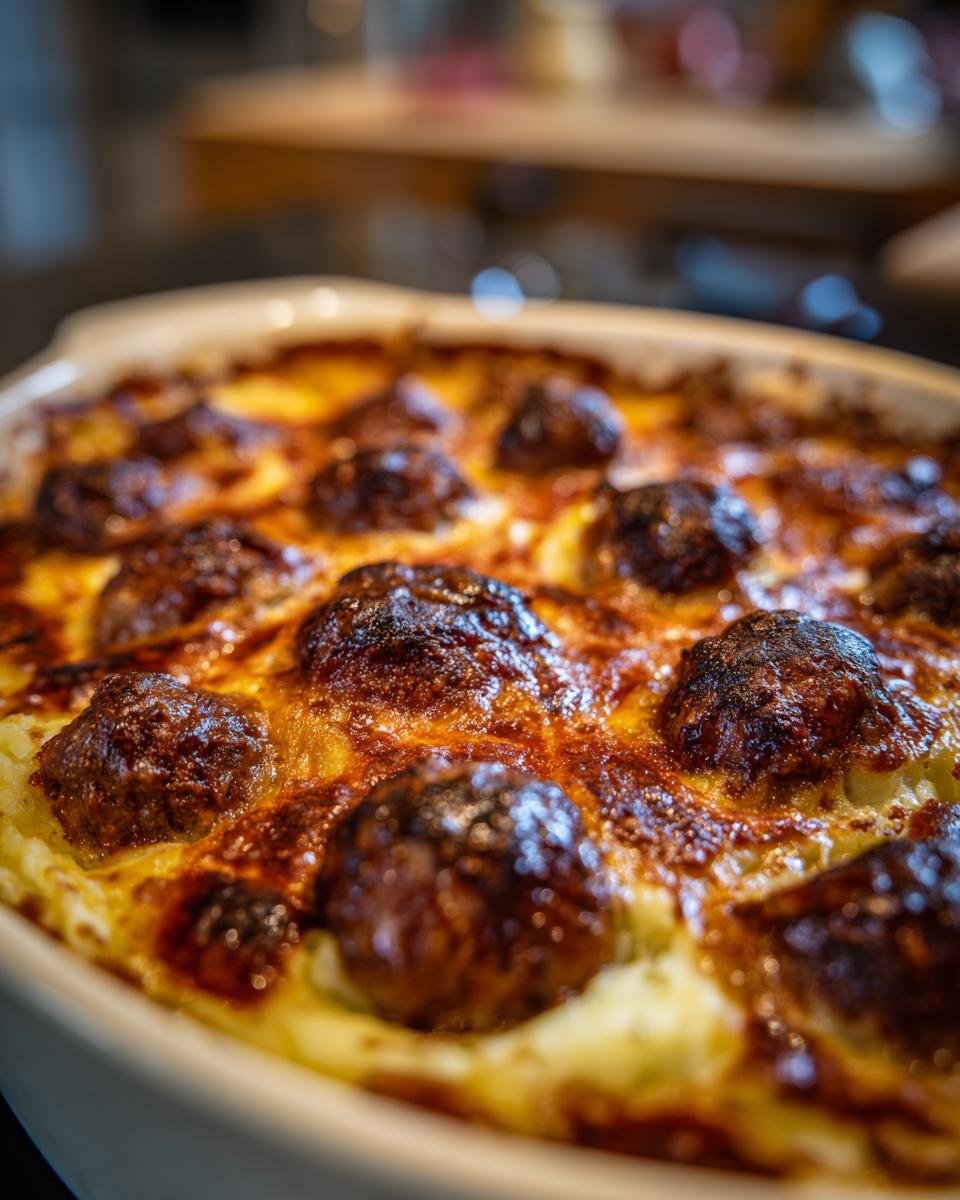 A close-up of a Meatball & Mashed Potato Bake in a white casserole dish, showcasing golden-brown meatballs.