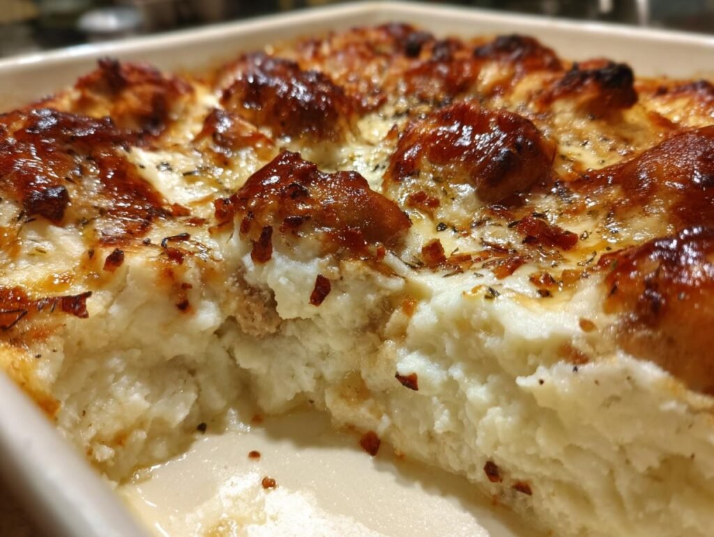 Close-up of a Meatball & Mashed Potato Bake in a dish, showing layers of mashed potatoes and meatballs.