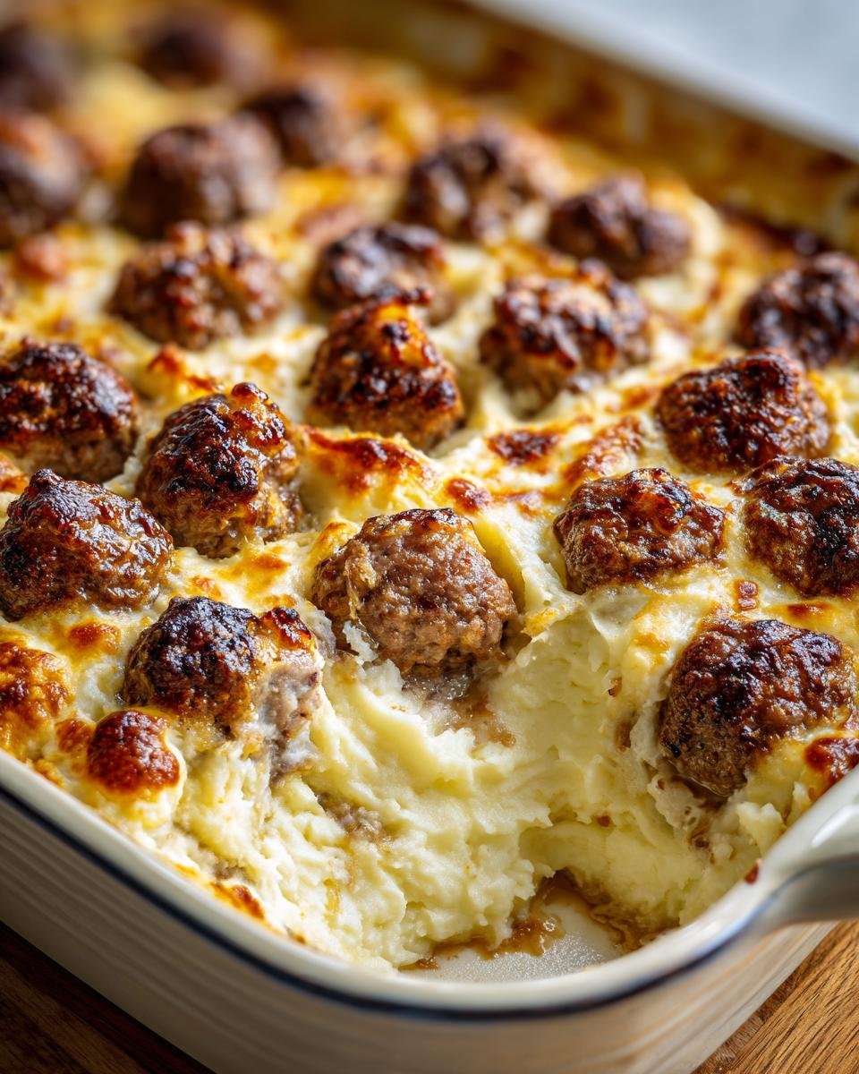 Close-up of a Meatball & Mashed Potato Bake in a casserole dish, showing layers of creamy potatoes and browned meatballs.