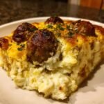 A slice of Meatball & Mashed Potato Bake with golden-brown meatballs and mashed potato layers, garnished with herbs.