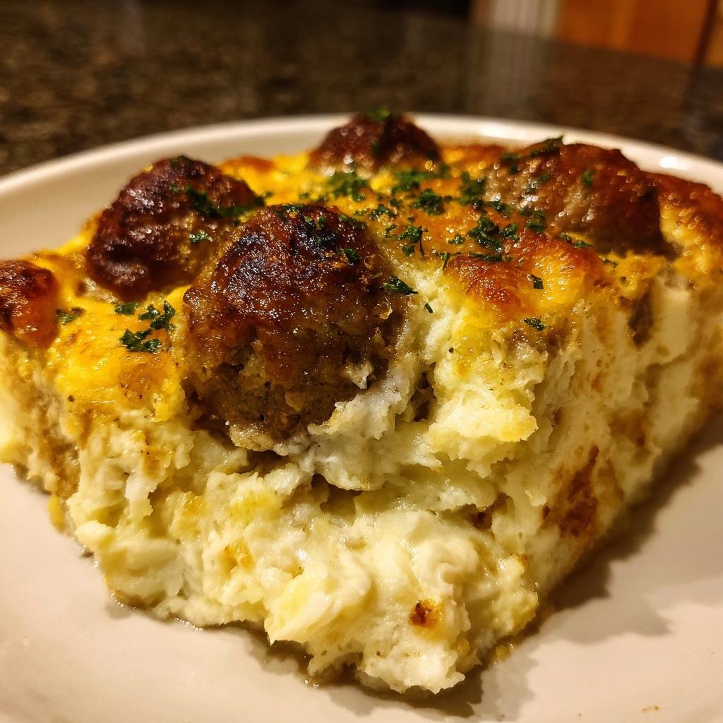 A slice of Meatball & Mashed Potato Bake with golden-brown meatballs and mashed potato layers, garnished with herbs.