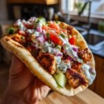 A hand holding a Mediterranean Chicken Gyros, filled with chicken, vegetables, and tzatziki sauce.