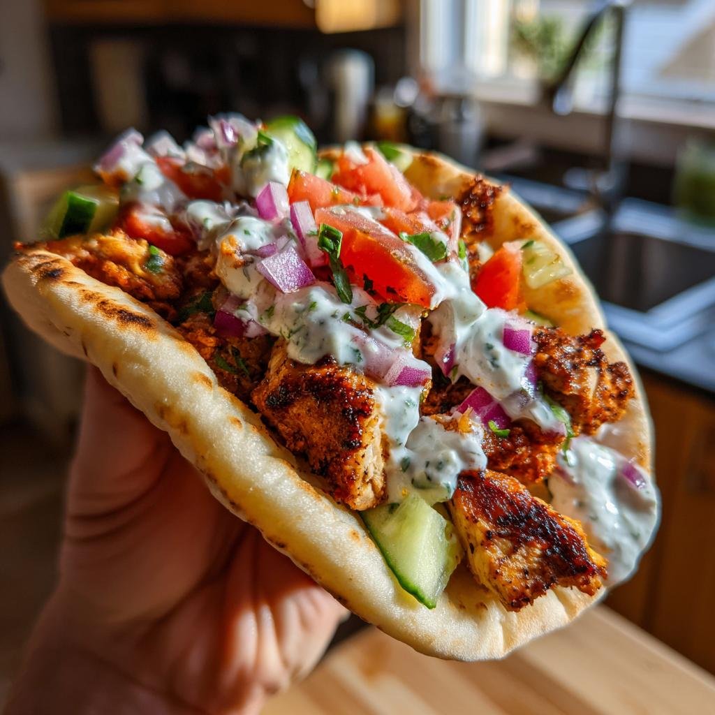 A hand holding a Mediterranean Chicken Gyros, filled with chicken, vegetables, and tzatziki sauce.