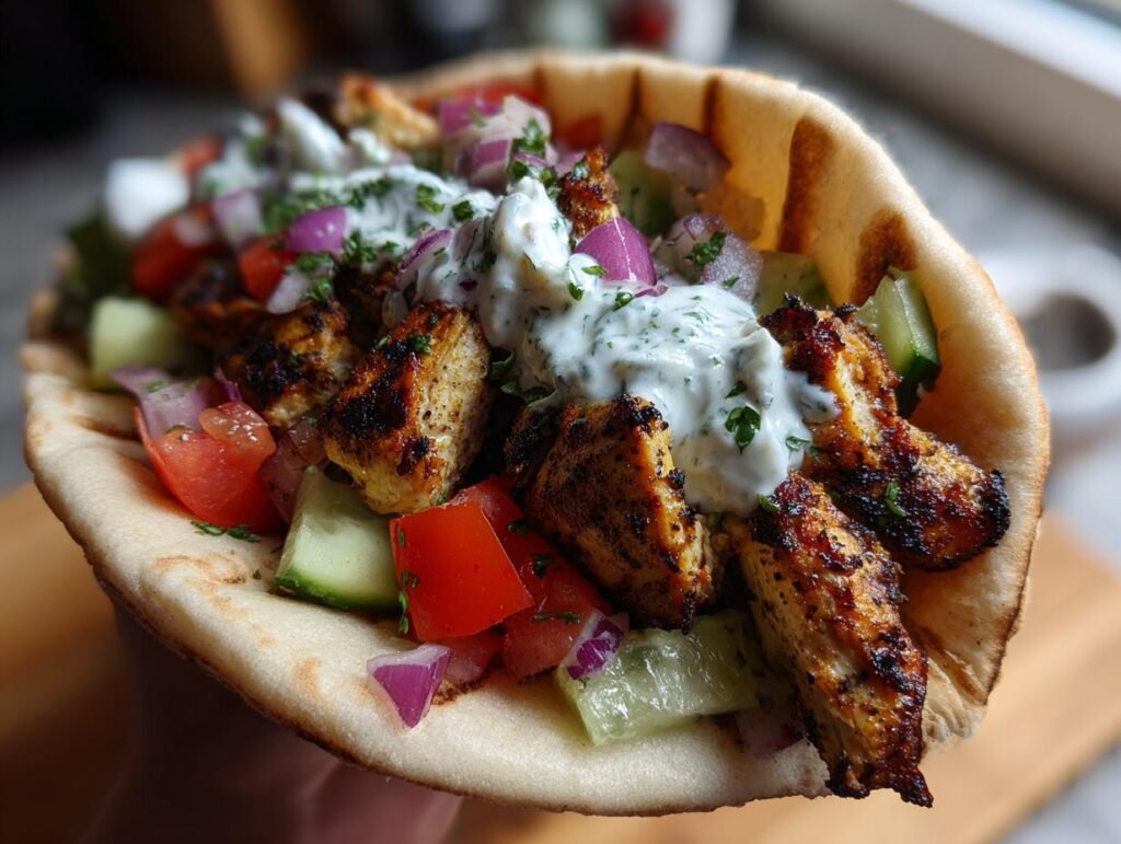 A delicious Mediterranean Chicken Gyros filled with grilled chicken, fresh vegetables, and creamy tzatziki sauce.