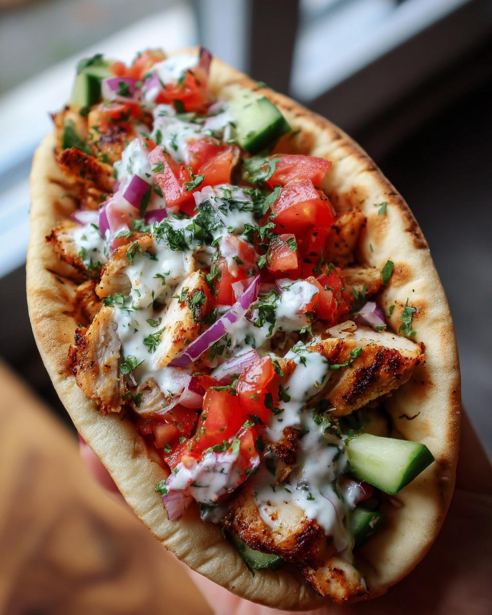 Close-up of a delicious Mediterranean Chicken Gyros with grilled chicken, tomatoes, cucumber, red onion, and tzatziki sauce.