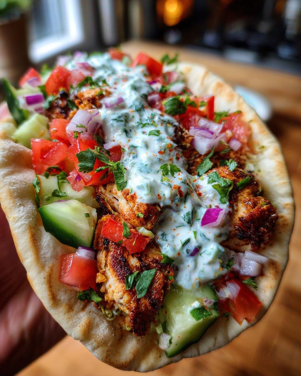 Close-up of a Mediterranean Chicken Gyros filled with chicken, tzatziki, tomatoes, cucumbers, and red onions.