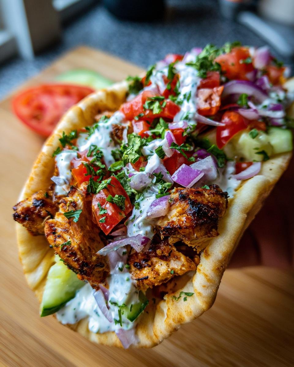 Close-up of a Mediterranean Chicken Gyros filled with grilled chicken, fresh vegetables, and creamy sauce.