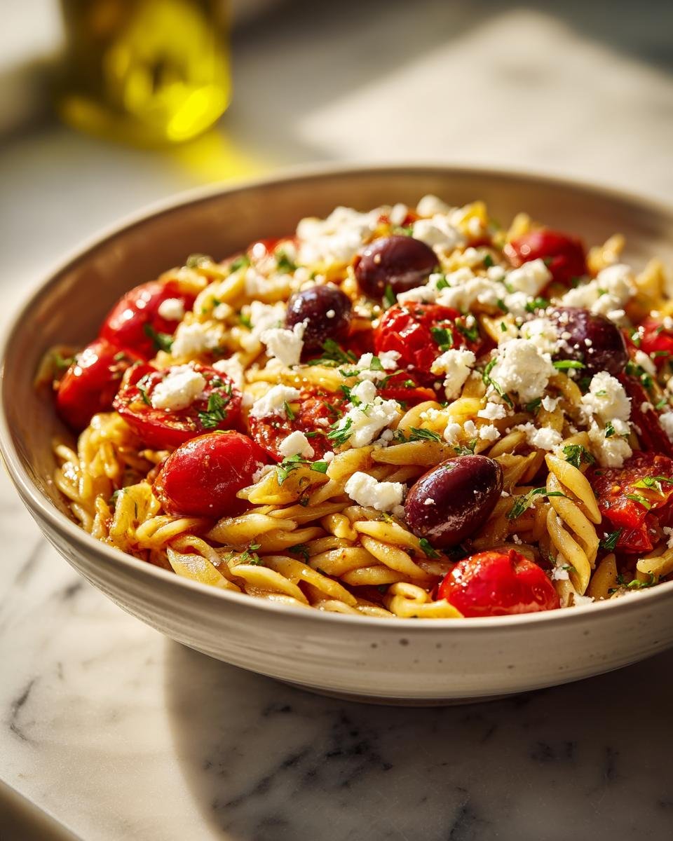 A bowl of Mediterranean One Pot Pasta featuring pasta, tomatoes, olives, and feta cheese.