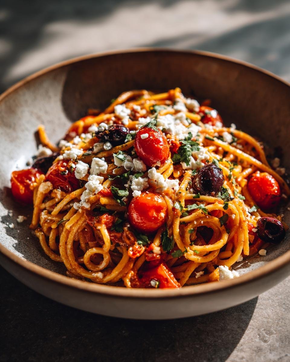 Close-up of Mediterranean One Pot Pasta in a bowl, topped with tomatoes, olives, feta, and herbs.