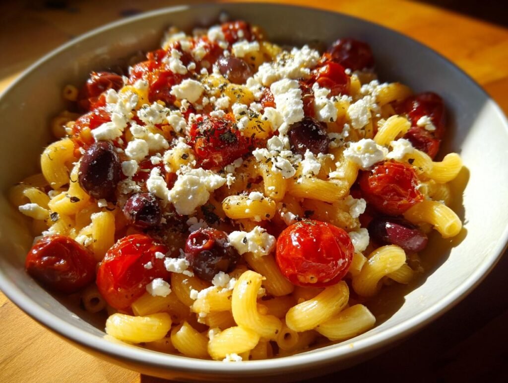 A bowl of Mediterranean One Pot Pasta, topped with feta cheese, tomatoes, and olives.