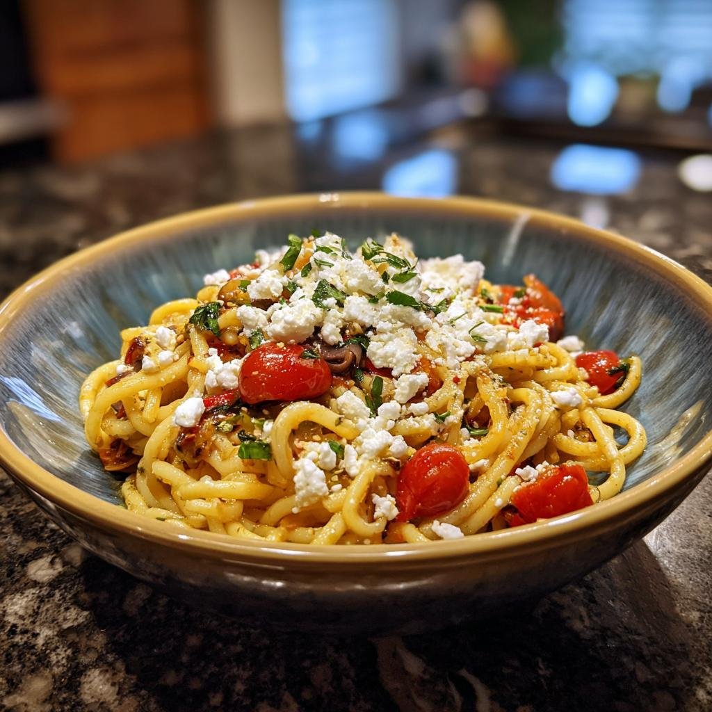A bowl of Mediterranean One Pot Pasta topped with feta cheese, tomatoes, and herbs.