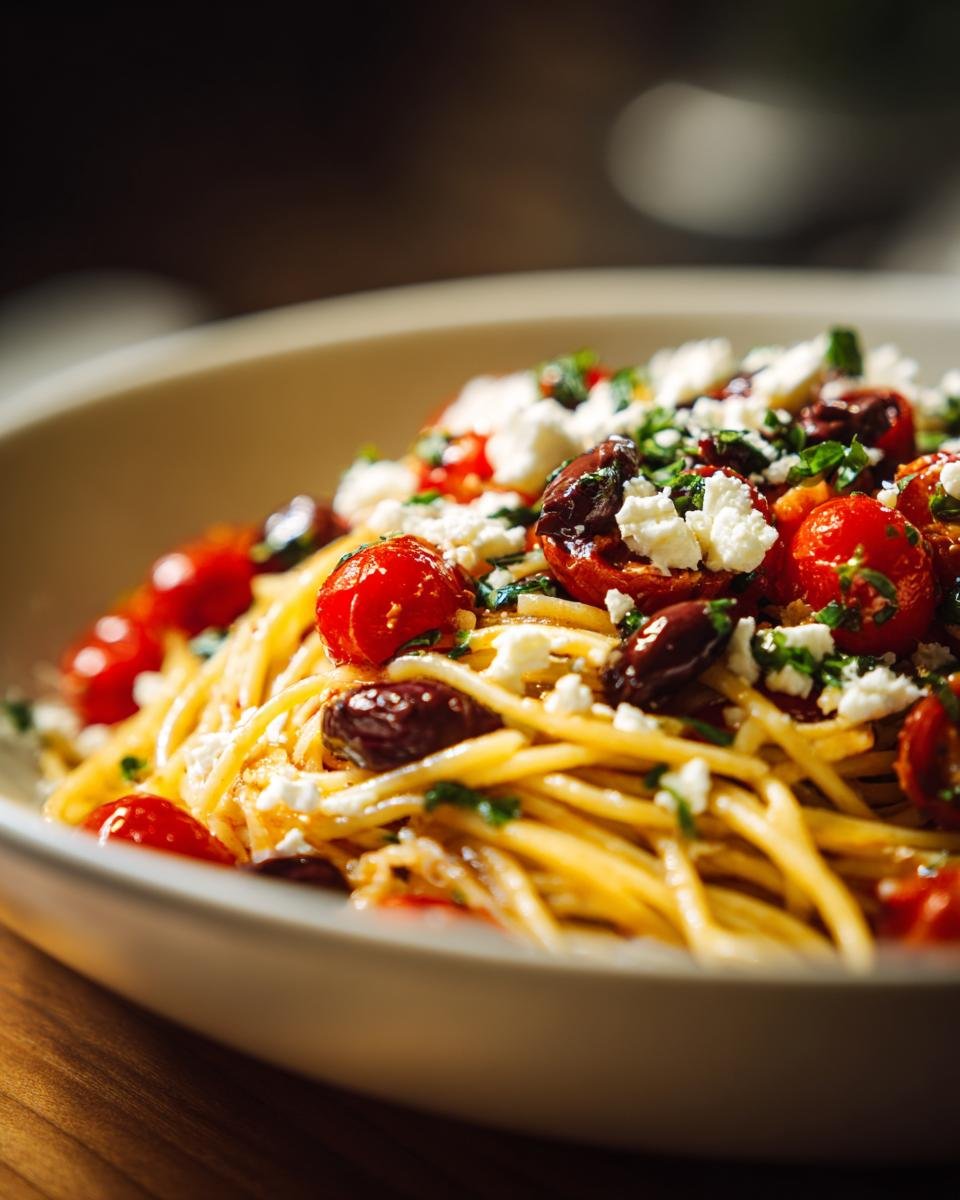 Close-up of Mediterranean One Pot Pasta featuring spaghetti, tomatoes, olives, feta cheese, and herbs in a bowl.