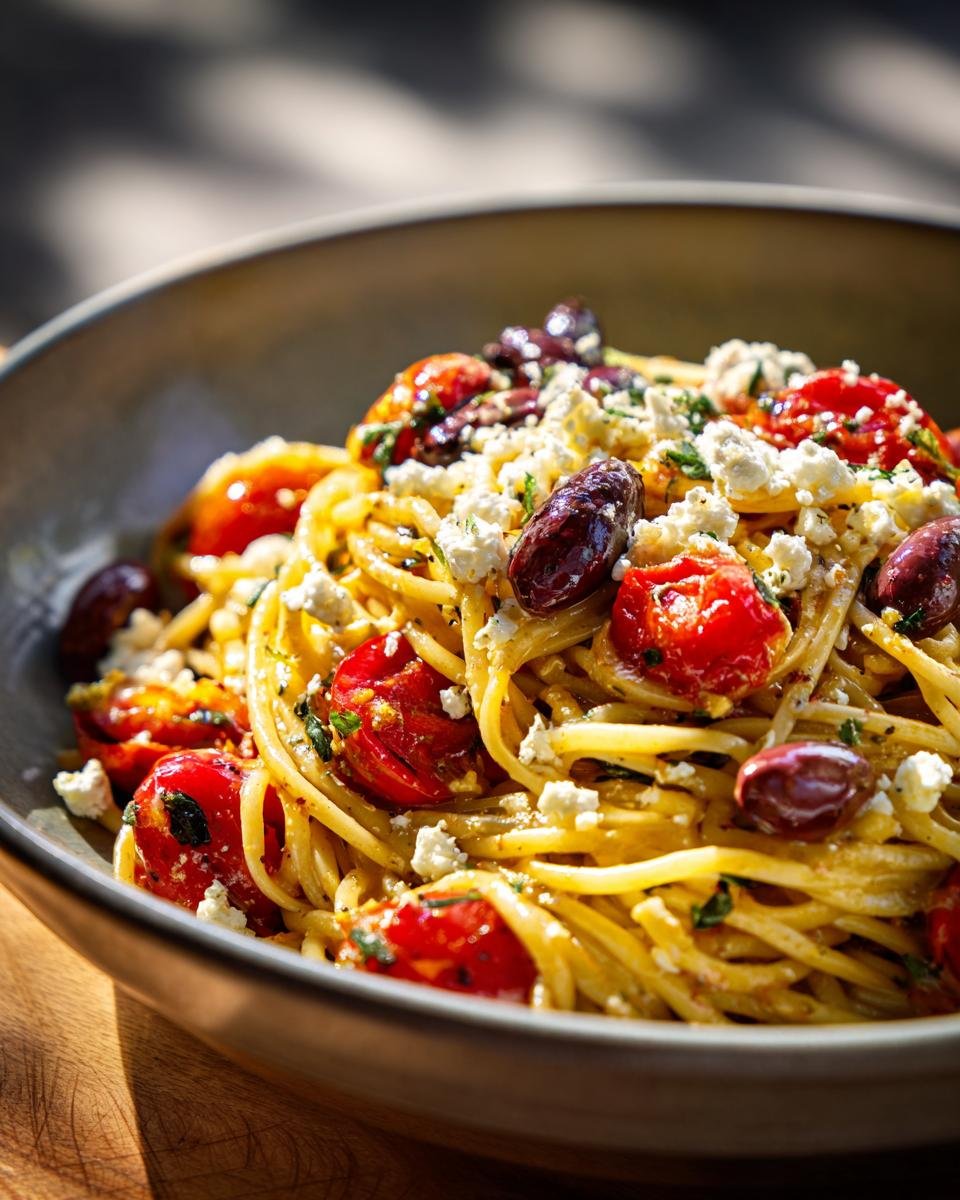 Close-up of Mediterranean One Pot Pasta with tomatoes, olives, and feta cheese in a bowl.