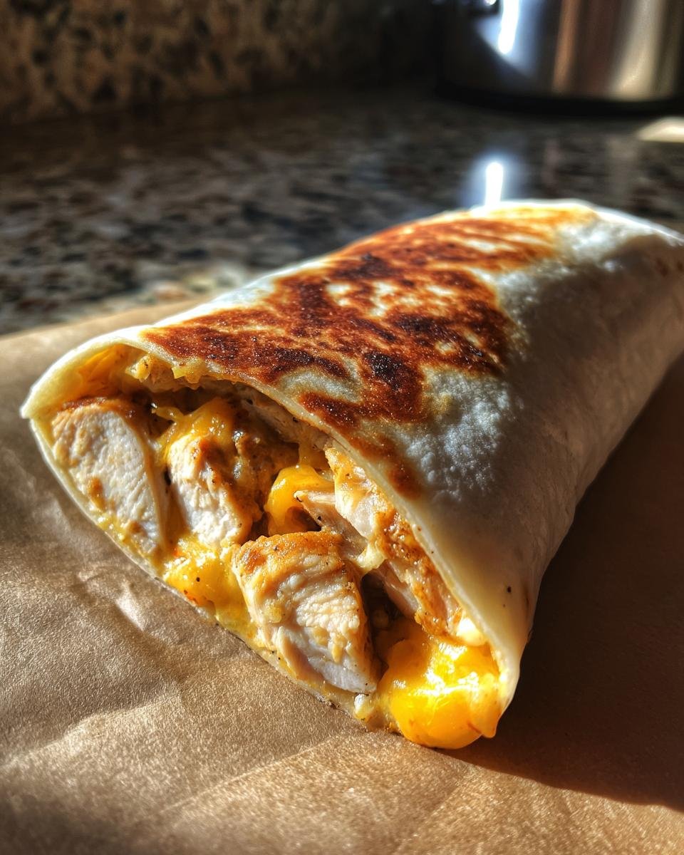 Close-up of a melty garlic chicken wrap, showcasing the grilled tortilla, chicken, and melted cheese filling.