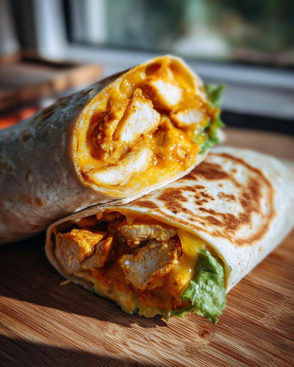 Two halves of Melty Garlic Chicken Wraps on a wooden board, showing chicken, cheese, and lettuce filling.