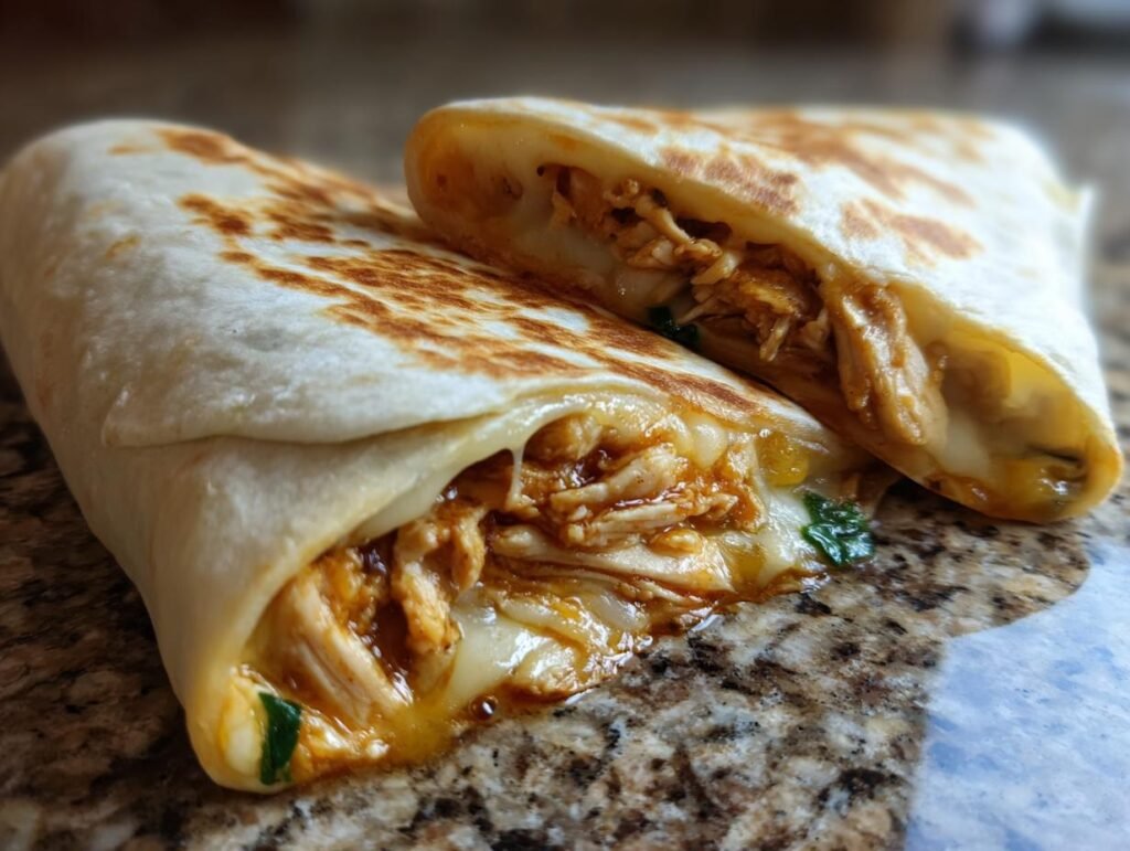 Two melty garlic chicken wraps, one cut in half to show the chicken and cheese filling.