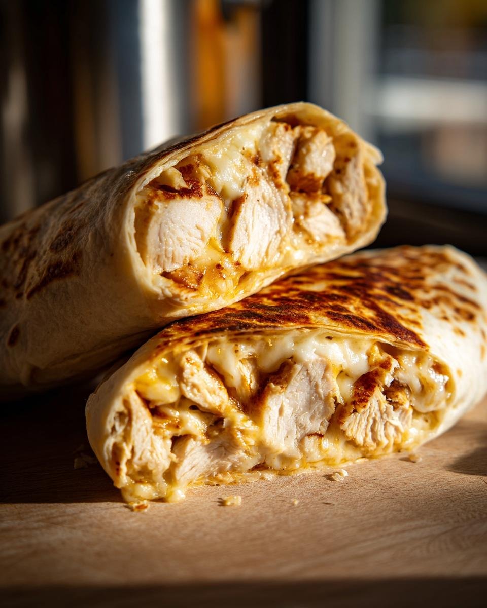 Two halves of a Melty Garlic Chicken Wraps, showcasing the chicken and melted cheese filling.