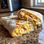 Two halves of a Melty Garlic Chicken Wraps with cheese oozing out, showcasing the filling.