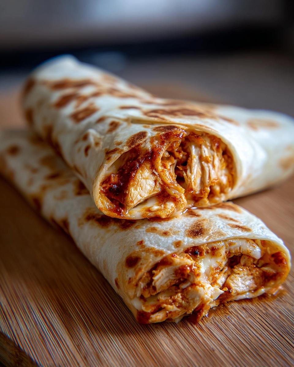 Two melty garlic chicken wraps stacked on a wooden board, showcasing the chicken and melted cheese filling.