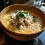 A bowl of creamy Mexican Street Corn Soup topped with crumbled cheese and fresh cilantro.