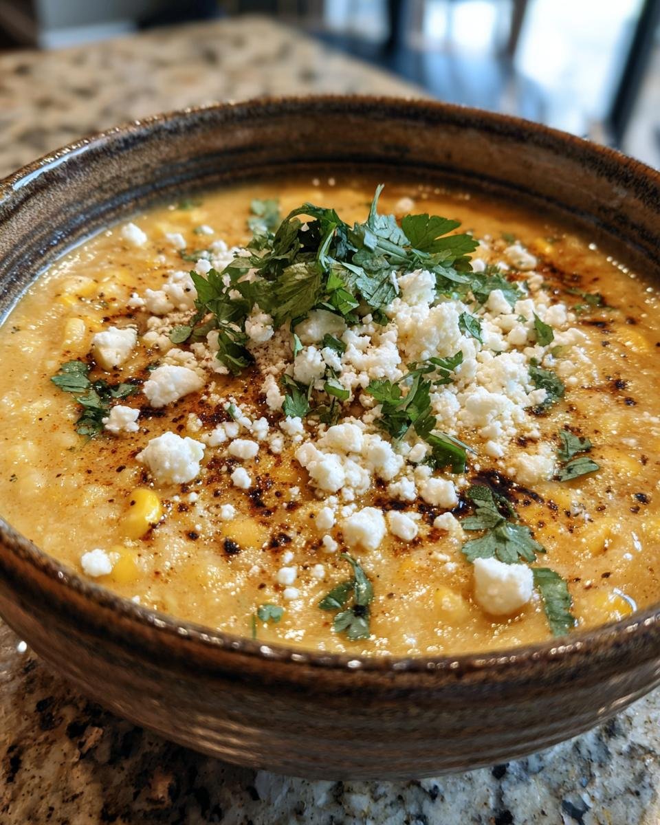 A bowl of creamy Mexican Street Corn Soup topped with crumbled cheese and fresh cilantro.