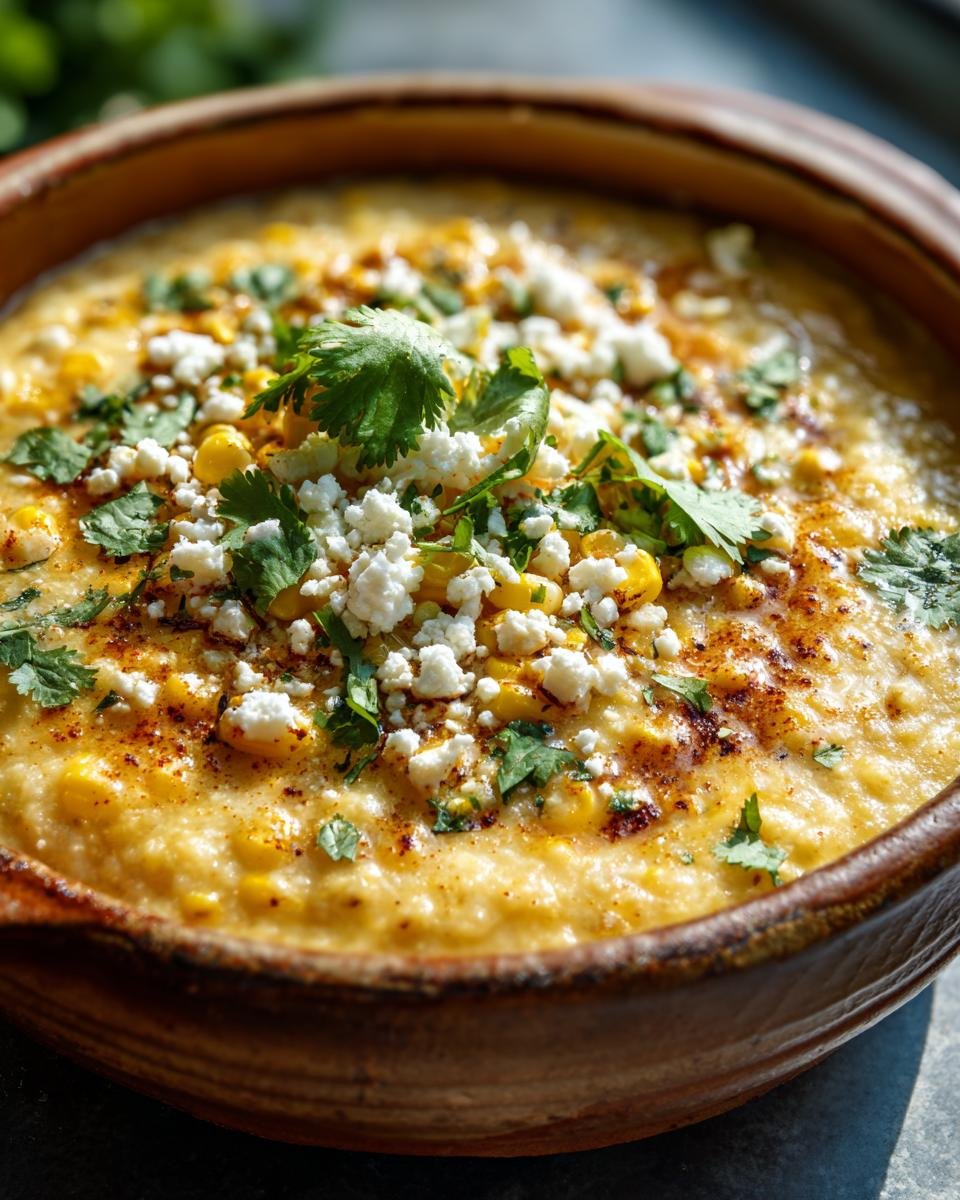 A bowl of creamy Mexican Street Corn Soup topped with crumbled cheese, cilantro, and a sprinkle of chili powder.