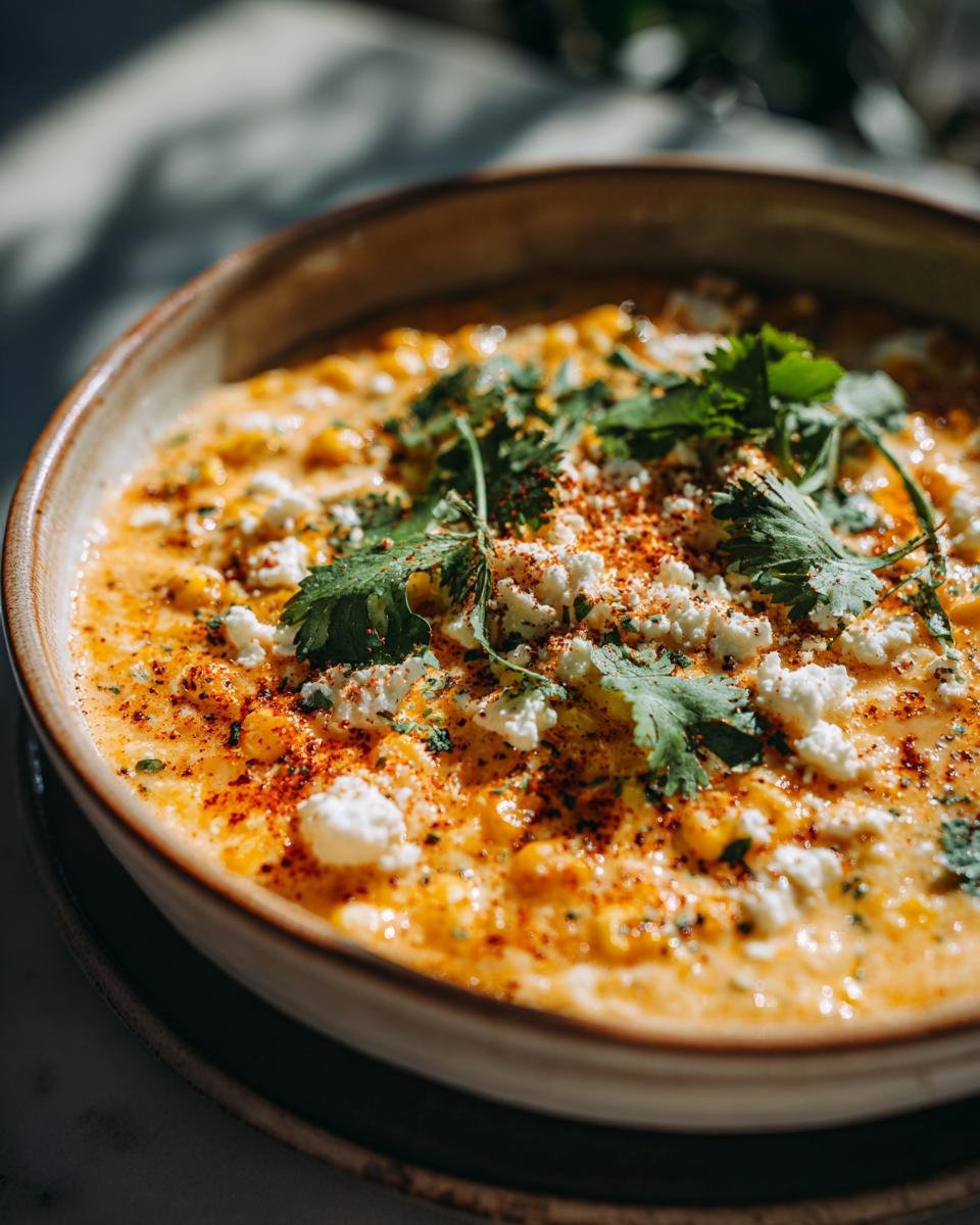 A bowl of creamy Mexican Street Corn Soup topped with crumbled cheese, cilantro, and chili powder.