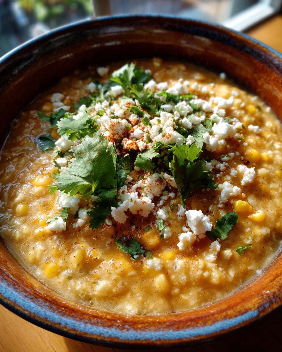 A bowl of creamy Mexican Street Corn Soup topped with crumbled cheese, cilantro, and chili powder.