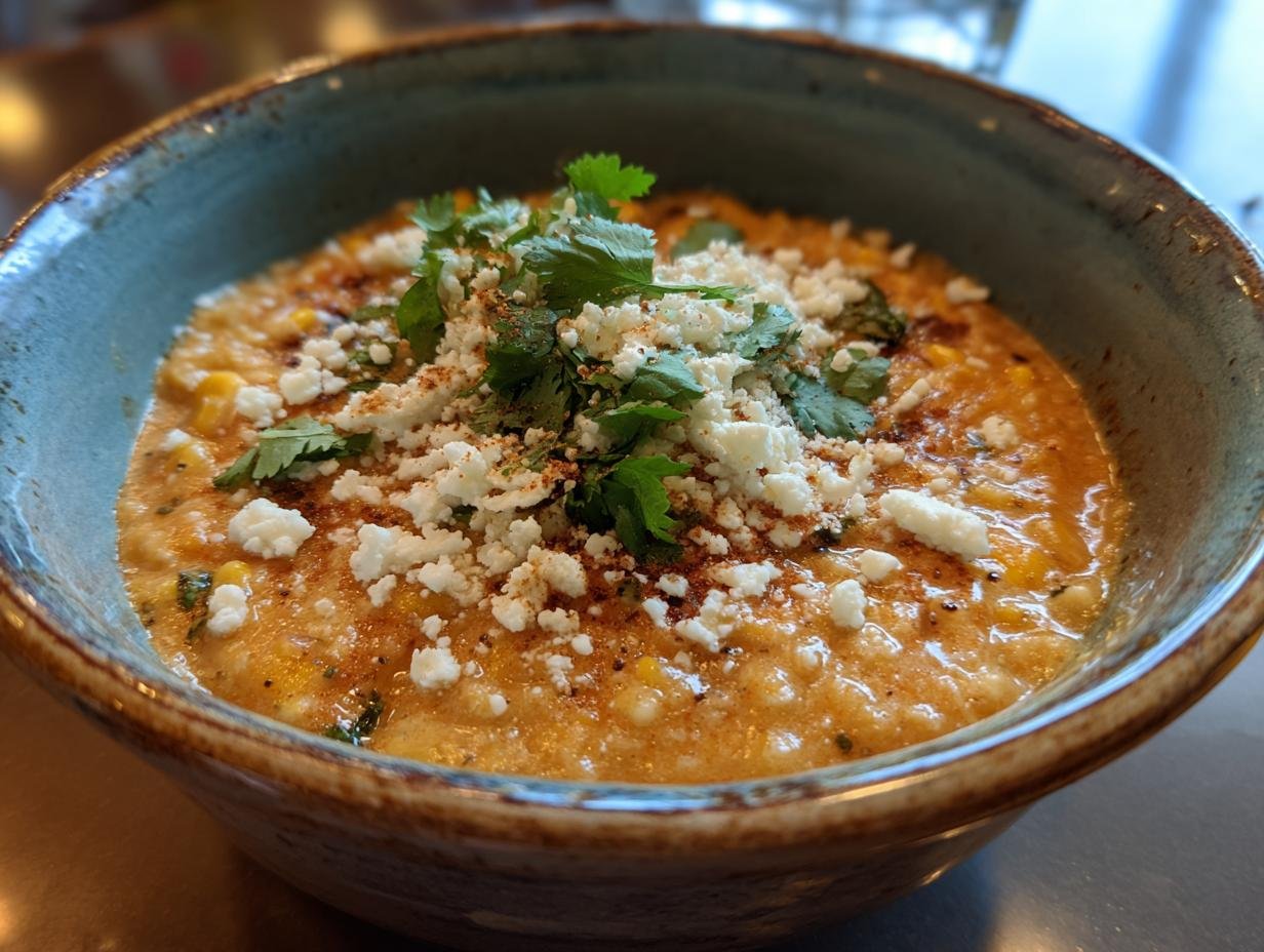 A bowl of creamy Mexican Street Corn Soup topped with cotija cheese, chili powder, and fresh cilantro.
