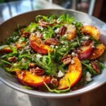 A vibrant Millionaire Peach Salad with grilled peaches, arugula, pecans, and crumbled cheese.