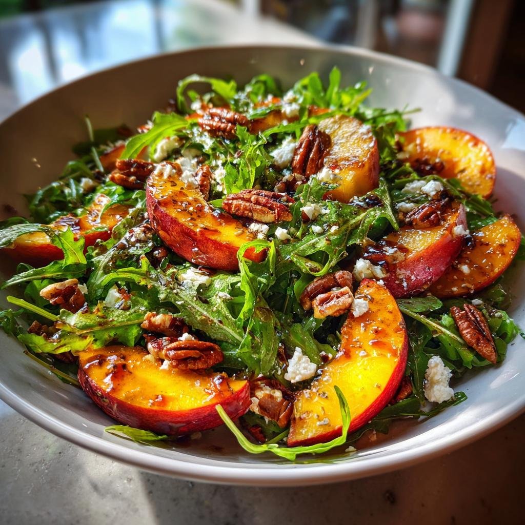 A vibrant Millionaire Peach Salad with grilled peaches, arugula, pecans, and crumbled cheese.