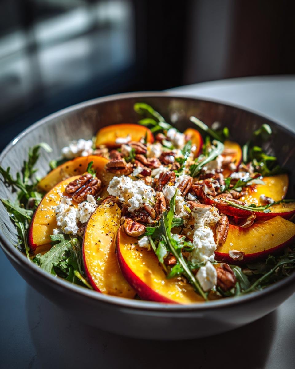 A bowl of Millionaire Peach Salad with sliced peaches, arugula, pecans, and goat cheese.